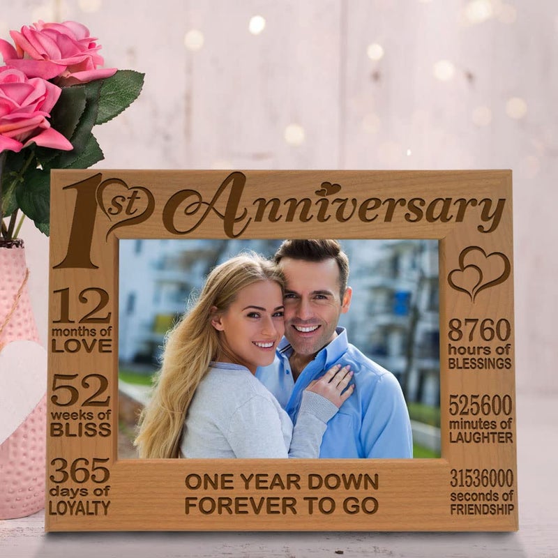 KATE POSH - Our 1st Anniversary Picture Frame - 12 Months Engraved Natural Wood Photo Frame - First (1st), Paper, 1 Year as Husband and Wife (5x7-Horizontal) - Image 2